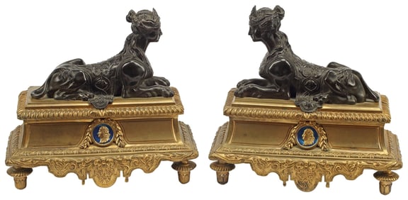 (2) FRENCH ORMOLU & PATINATED-BRONZE SPHINX CHENETS