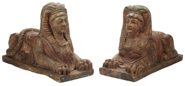 (2) LARGE CARVED WOOD FIGURES OF FEMALE SPHINXES