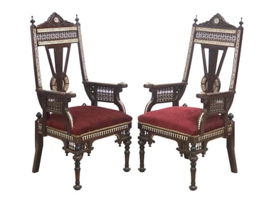 (2) MOORISH STYLE SHELL INLAID UPHOLSTERED HIGHBACK ARMCHAIRS