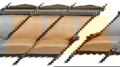 MIDDLE EASTERN INLAID & EBONIZED MASHRABIYA UPHOLSTERED SOFA