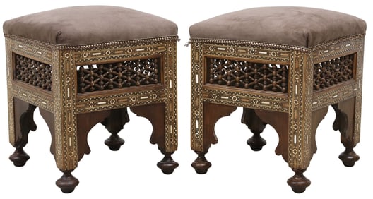 (2) MOORISH STYLE SHELL INLAID UPHOLSTERED STOOLS