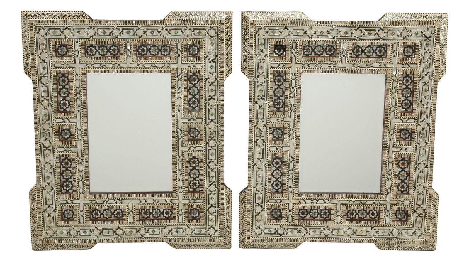 (2) MIDDLE EASTERN SHELL & BONE INLAID FRAMED MIRRORS, 25.5" X 21": (pair) Middle Eastern rectangular mirrors, shell and bone inlaid frames, approx 25.5"h, 21"w; 16lbs total