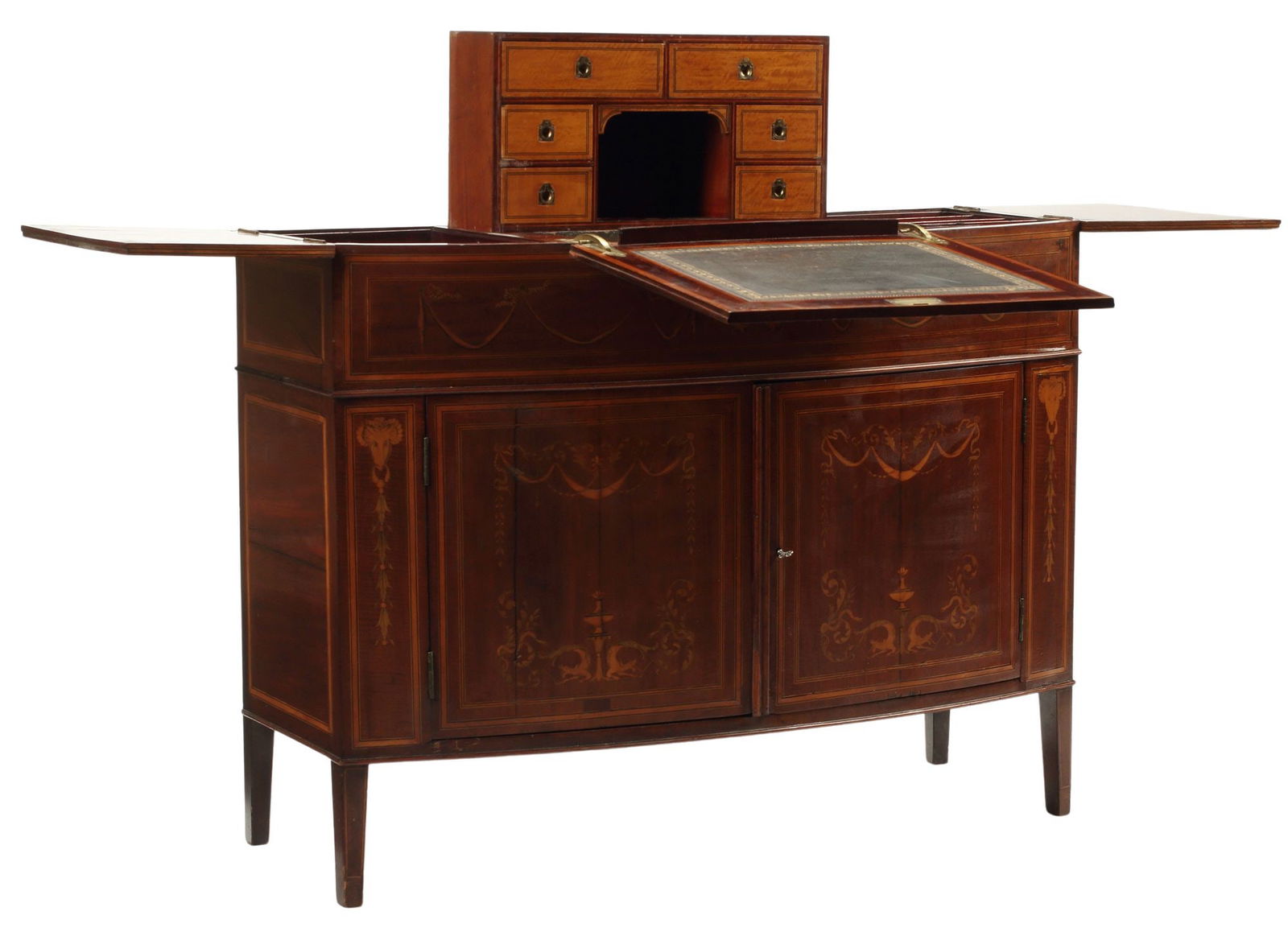 EDWARDIAN INLAID MAHOGANY BOWFRONT MECHANICAL SECRETAIRE CABINET (1 of 7)