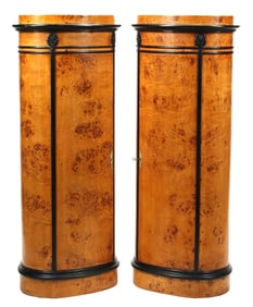 (2) BIEDERMEIER STYLE PARCEL EBONIZED BURLWOOD OVAL CABINETS