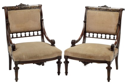 (2) AESTHETIC MOVEMENT BRASS-INLAID & UPHOLSTERED SLIPPER CHAIRS