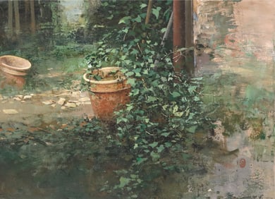 CHIU TAK HAK (B.1943) PAINTING GARDEN WITH TERRACOTTA POTS