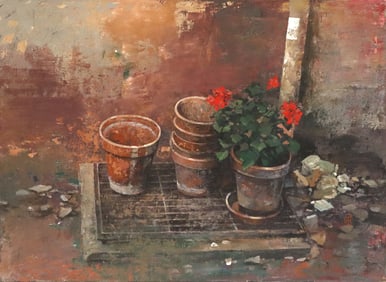 CHIU TAK HAK (B.1943) PAINTING RED GERANIUMS IN TERRACOTTA POT