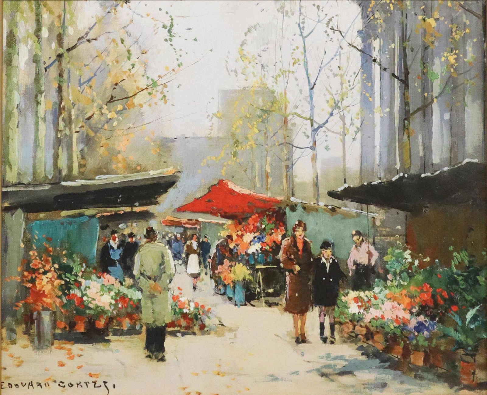AFTER EDOUARD CORTES (FRENCH, 1882-1969) FRAMED GICLEE PRINT ON CANVAS: Framed giclee on canvas, Flower Market at La Madeline, signed in print after Edouard Leon Cortes, (French, 1882-1969), sight: approx 19 1/8"h, 23.25"w, overall: approx 26 7/8"h, 30.75&q