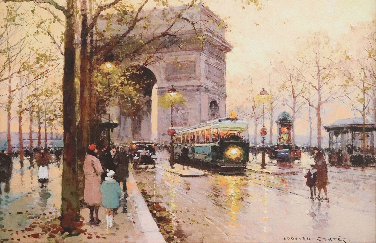AFTER EDOUARD CORTES (FRENCH, 1882-1969) FRAMED GICLEE PRINT ON CANVAS: Framed giclee print on canvas, "Arc de Triomphe and Avenue Friedland," after the original by Edouard Leon Cortes, (French, 1882-1969), sight: approx 15 3/8"h, 23 3/8"w, overall: ap