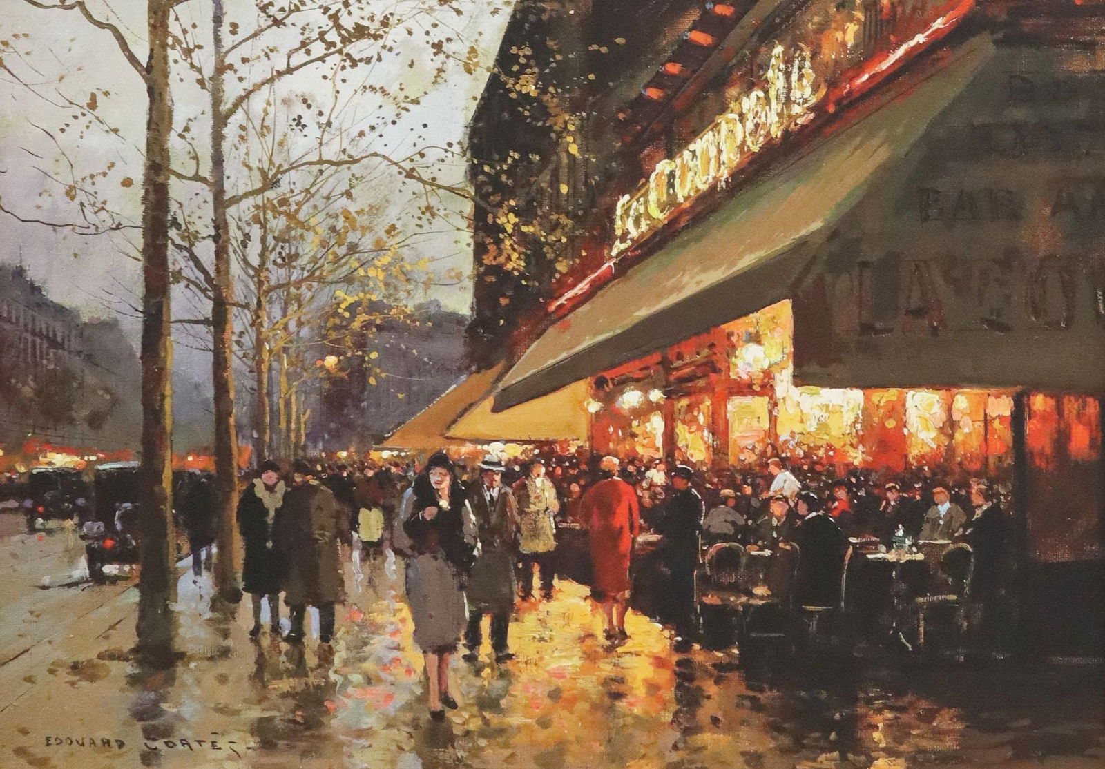 AFTER EDOUARD CORTES (FRENCH, 1882-1969) FRAMED GICLEE PRINT ON CANVAS: Framed giclee on canvas, "La Coupole, Montparnasse," after the original by Edouard Leon Cortes, (French, 1882-1969), sight: approx 16.5"h, 23.5"w, overall: approx 24"h, 31&quo