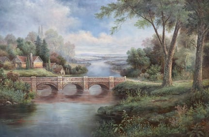 NICHOLAS DOMINIC (B.1961) PAINTING LANDSCAPE WITH BRIDGE, 24" X 36"