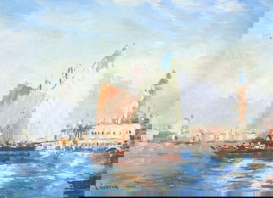 FRAMED ACRYLIC ON CANVAS SEASCAPE IN THE BACINO DI SAN MARCO