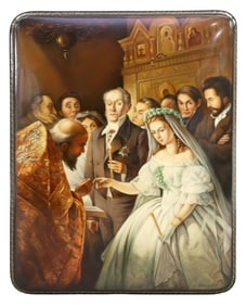 FINE RUSSIAN FEDOSKINO SCHOOL LACQUER PAPIER-MACHE BOX UNEQUAL MARRIAGE