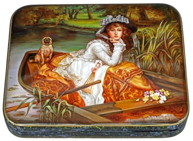 FINE RUSSIAN FEDOSKINO SCHOOL LACQUER PAPIER-MACHE BOX LADY IN BOAT