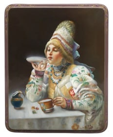 FINE RUSSIAN FEDOSKINO SCHOOL LACQUER PAPIER-MACHE BOX TEA DRINKING