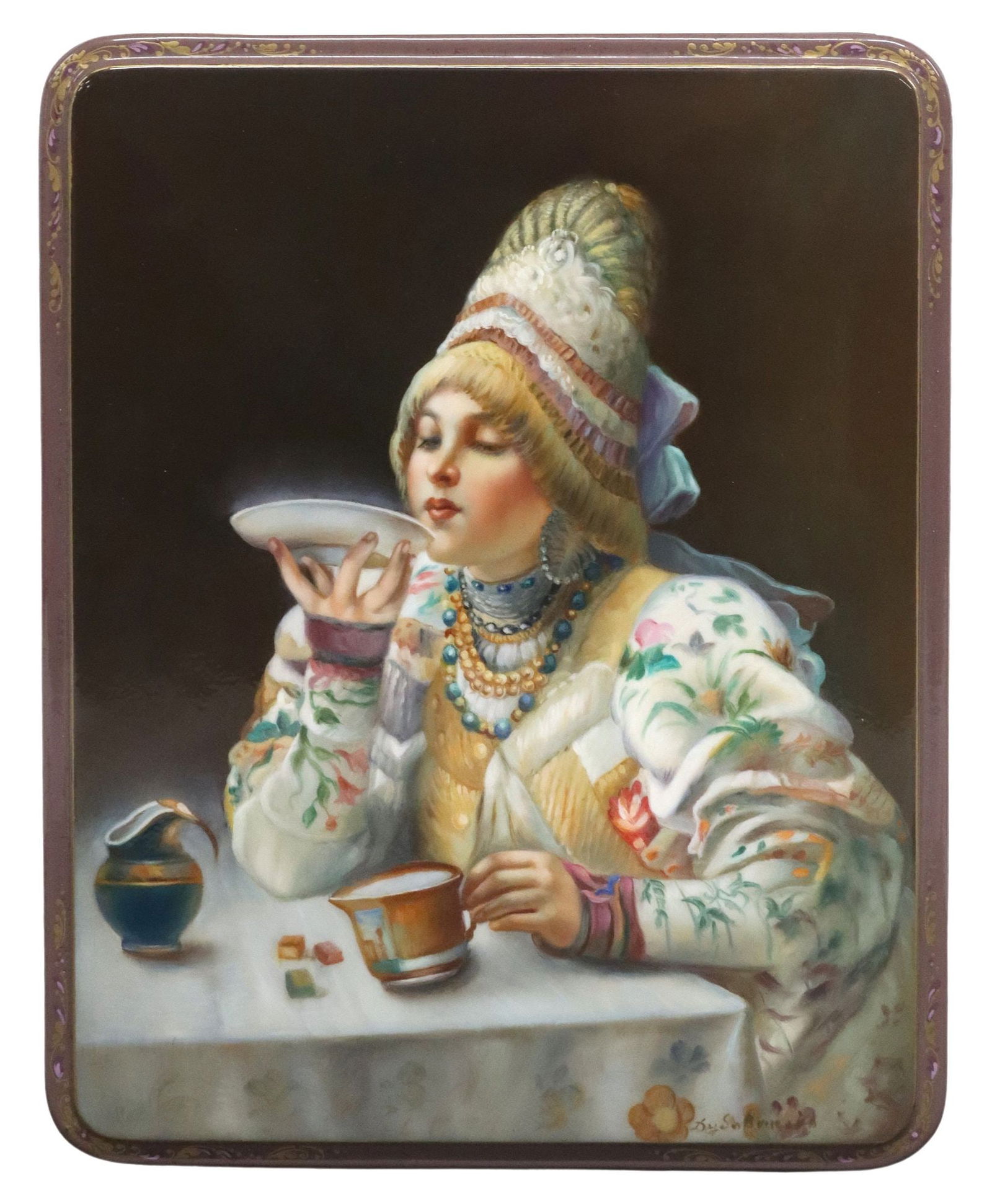 FINE RUSSIAN FEDOSKINO SCHOOL LACQUER PAPIER-MACHE BOX TEA DRINKING (1 of 8)