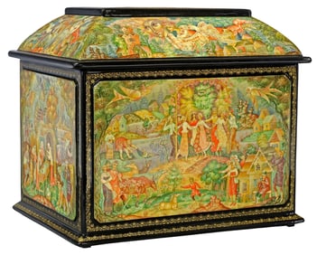 LARGE RUSSIAN MSTERA SCHOOL LACQUER PAPIER-MACHE TABLE CASKET