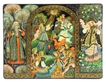 RUSSIAN VERA SMIRNOVA (B.1966) PALEKH SCHOOL LACQUER PAPIER-MACHE FAIRY TALE BOX