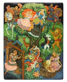 RUSSIAN VERA SMIRNOVA (B.1966) PALEKH SCHOOL LACQUER PAPIER-MACHE BOX ALICE IN WONDERLAND