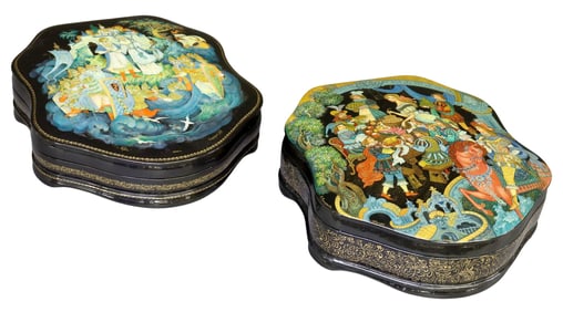 (2) RUSSIAN PALEKH SCHOOL LACQUER PAPIER-MACHE FAIRY TALE BOXES