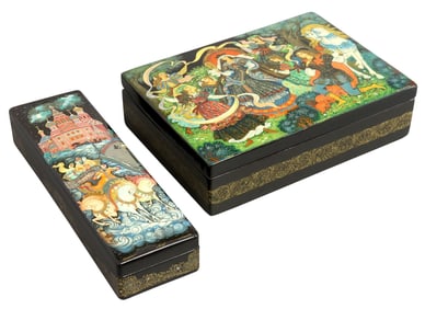 (2) FINE ARTIST SIGNED RUSSIAN LACQUER PAPIER-MACHE FAIRY TALE BOXES