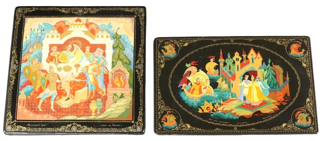 (2) RUSSIAN LACQUER PAPIER-MACHE FAIRY TALE BOXES, 'TALE OF TSAR SALTAN'