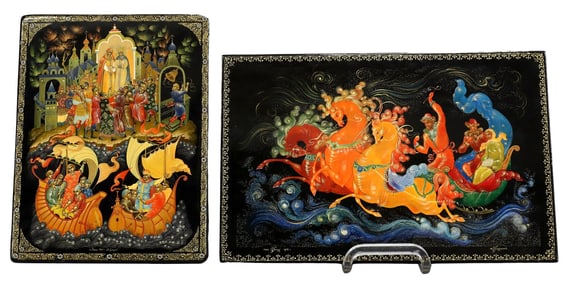(2) FINE RUSSIAN LACQUER PAPIER-MACHE FAIRY TALE BOX & HANGING PANEL