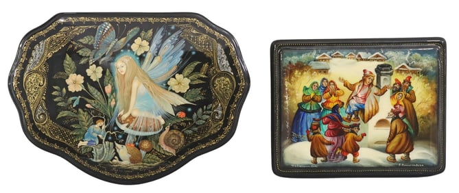 (2) FINE ARTIST SIGNED RUSSIAN LACQUER PAPIER-MACHE FAIRY TALE BOXES