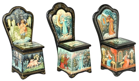 (3) RUSSIAN LACQUER PAPIER-MACHE FAIRY TALE CHAIR-SHAPED BOXES