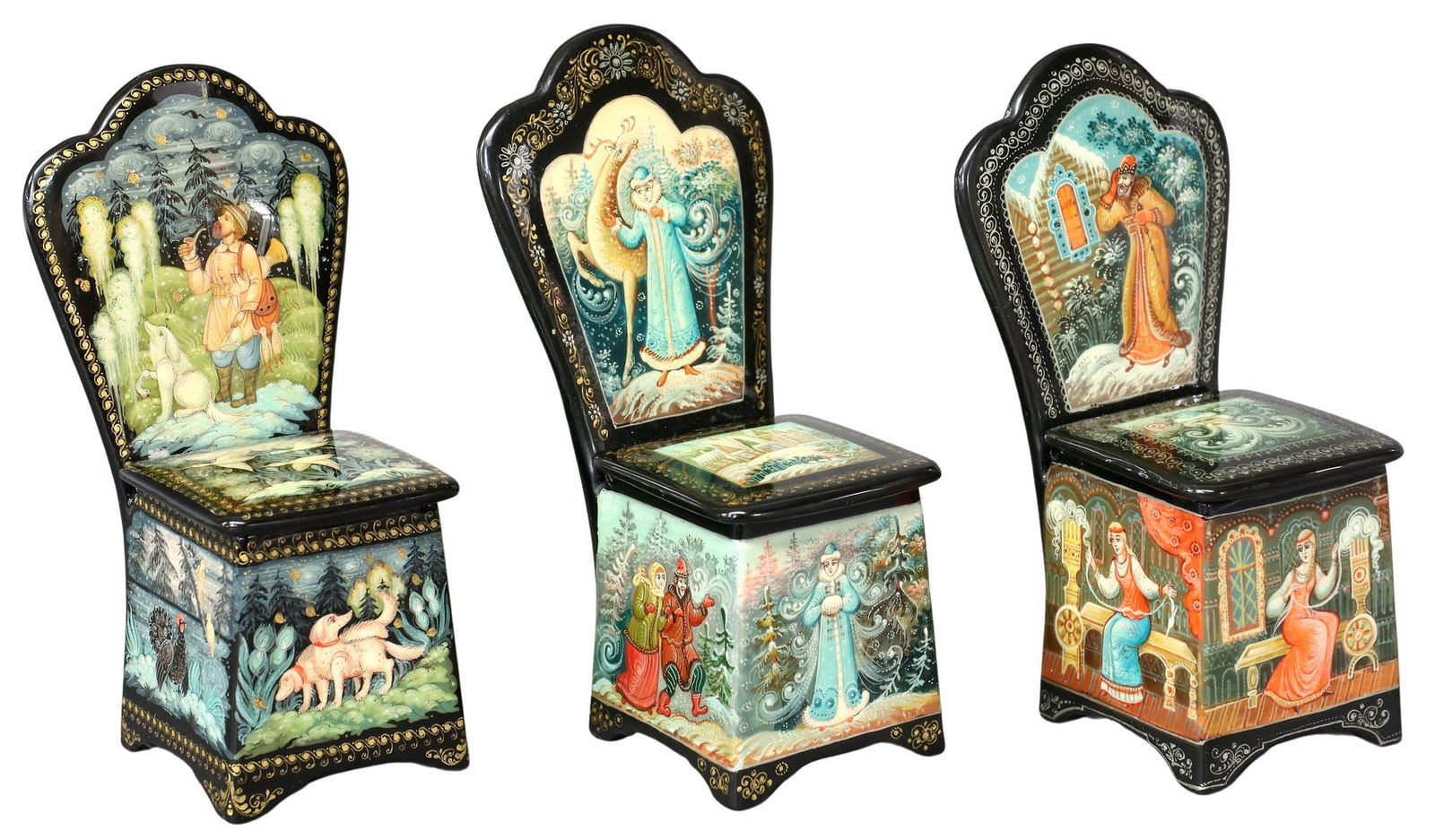 (3) RUSSIAN LACQUER PAPIER-MACHE FAIRY TALE CHAIR-SHAPED BOXES (1 of 7)