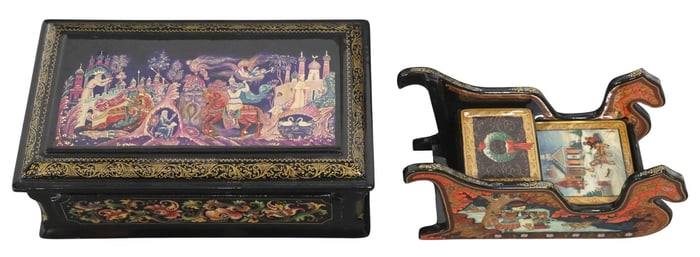 (2) FINE RUSSIAN LACQUER PAPIER-MACHE FAIRY TALE & SLEIGH-FORM BOXES