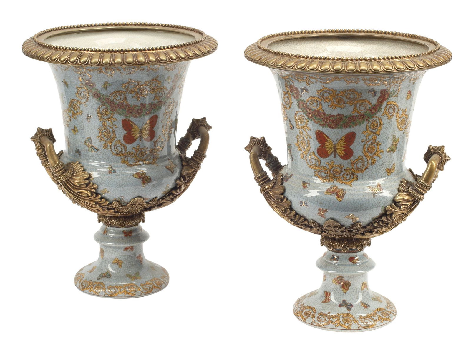 (2) DECORATIVE BRONZE-MOUNTED PORCELAIN CAMPANA-FORM URNS (1 of 6)
