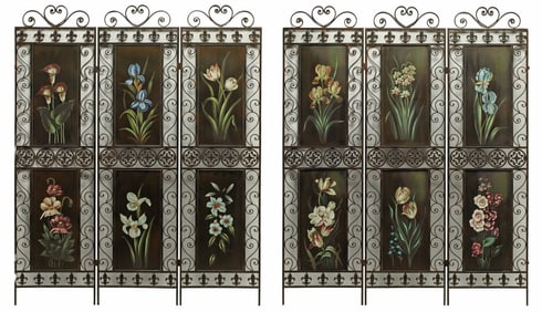 TOLE PAINTED WROUGHT IRON SIX-PANEL FOLDING SCREEN