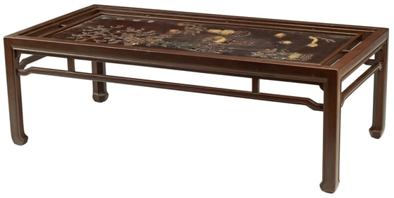 CHINESE HARDWOOD & STONE INLAID COFFEE TABLE