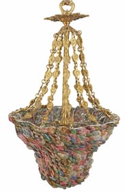 BRONZE DORE & COLORED GLASS HANGING CHANDELIER