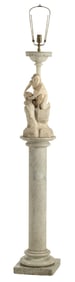 ITALIAN CARVED ALABASTER FIGURAL LAMP ON MARBLE PEDESTAL