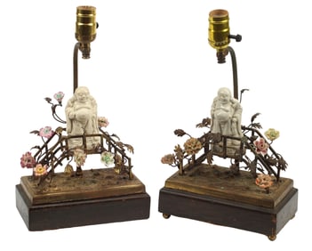 (2) CHINOISERIE BOUDOIR LAMPS WITH BLANC DE CHINE BUDDHIST FIGURE