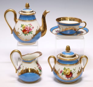 (5) SEVRES STYLE PARCEL GILT PORCELAIN FLORAL TEA SERVICE