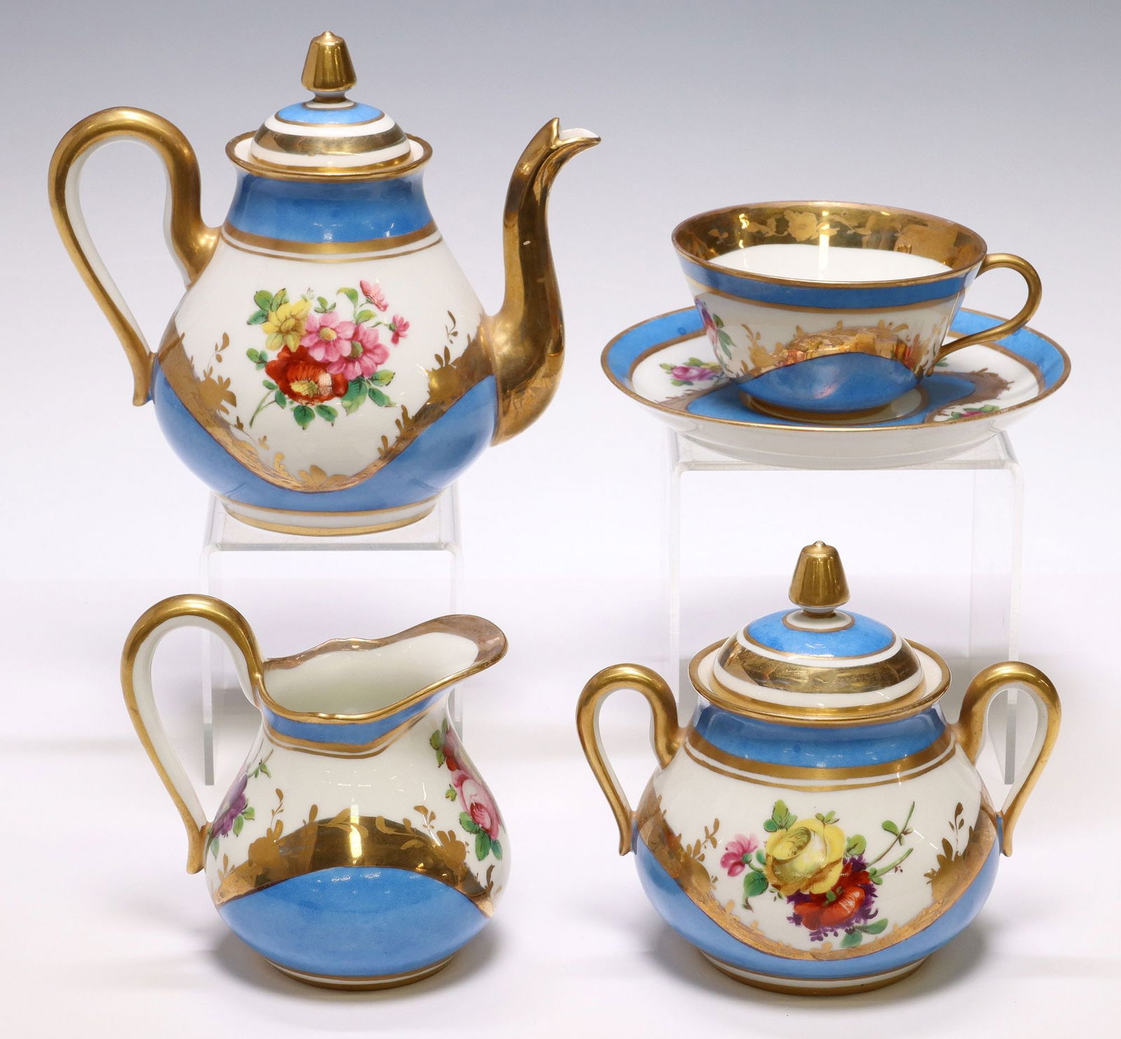 (5) SEVRES STYLE PARCEL GILT PORCELAIN FLORAL TEA SERVICE (1 of 6)