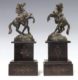 (2) AFTER COUSTOU MARLY HORSE PATINATED METAL & SLATE GARNITURES