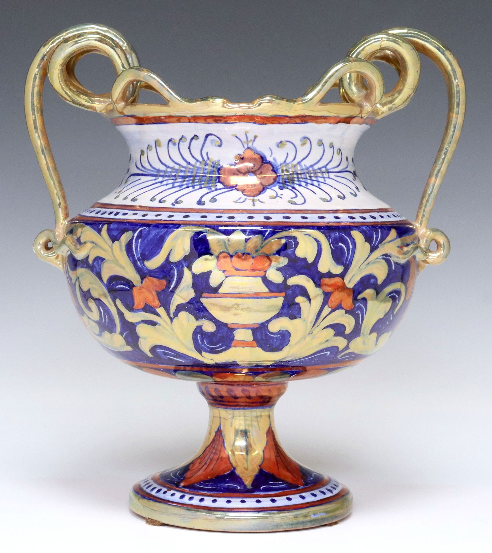 ITALIAN LUSTRE MAJOLICA HANDLED FLORAL FOLIATE URN (1 of 4)