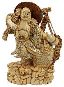 JAPANESE CARVED BONE-TILED OKIMONO BUDDHIST MONK HOTEI