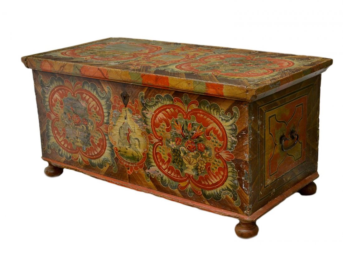 AUSTRIAN POLYCHROME MARRIAGE CHEST, 19TH C.: Austrian painted marriage chest, mid 19th c., colorful polychrome floral and foliate paint at top and three sides with a central mounted cavalryman waving a sword beneath the original front lock with 