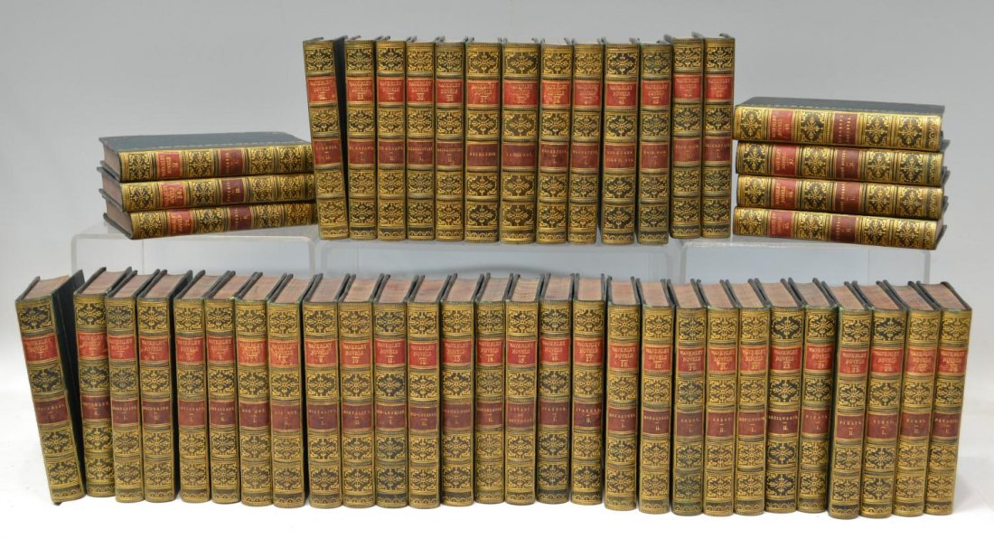 (48) BOOKS: "THE WAVERLEY NOVELS" SCOTT, LEATHER: (lot of 48) Books: "The Waverley Novels", Sir Walter Scott, Adam and Charles Black, Edinburgh, 1860, leather gilt and red spine, dark green boards, marbelized edges and fore pages, 6.75"h, 4.5"w, 1"d,