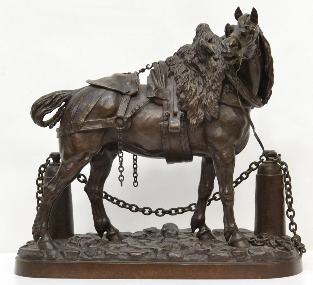 AFTER J. MOIGNIEZ, A WORK HORSE, BRONZE SCULPTURE: Large bronze sculpture, 'A Work Horse' signed J. Moigniez (Jules Moigniez, French, 1835-1894): , standing on a cobblestone base, excellent detail throughout, approx: 18"h, 20"l, 7.5"w, 47.25lbs Start 