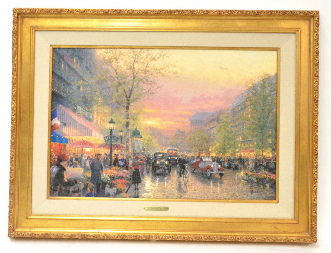 PRINT, 'PARIS CITY OF LIGHTS', THOMAS KINKADE: Framed print on canvas, 'Paris City of Lights,' Thomas Kinkade, (California,1958- 2012), includes apprentice signature, sight: 18"h, 27"w, overall: 27"h, 36 1/2"w, 9lbs Start Price: $100.00