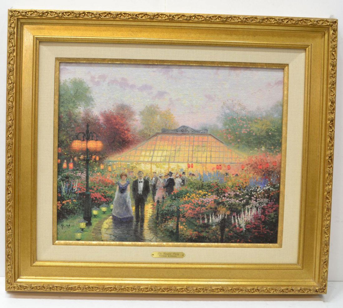LIMITED PRINT, THE GARDEN PARTY, THOMAS KINKADE: Framed limited edition print on canvas, 'The Garden Party,' Thomas Kinkade (California, 1958-2012),numbered 37/980, sight: 16"h, 20 1/2"w, overall: 25"h, 28 3/4"w, 8.25lbs Start Price: $100.00