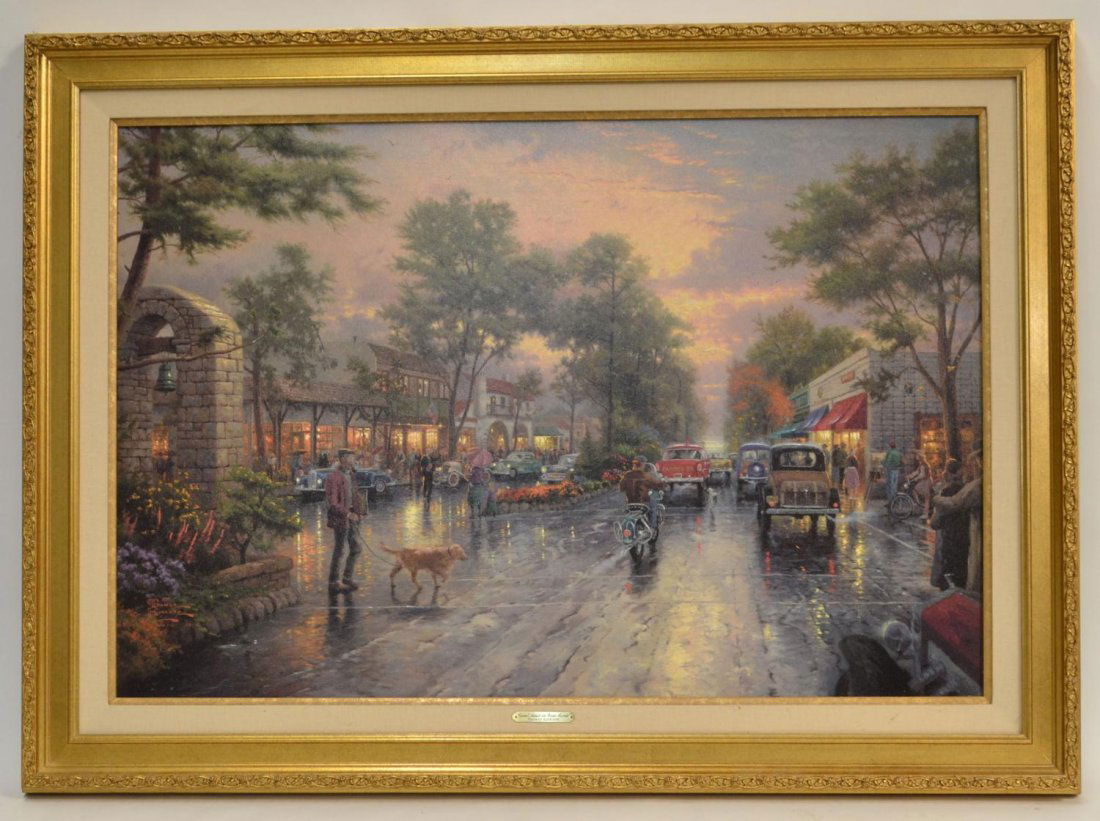 PRINT, CARMEL SUNSET ON OCEAN AVE, THOMAS KINKADE: Framed limited edition print on canvas, 'Carmel Sunset on Ocean Avenue,' Thomas Kinkade (California,1958- 2012), numbered 11/900 P/PI (Limited Edition) , sight: 28 1/4"h, 42"w, overall: 36 1/2"h, 51"w