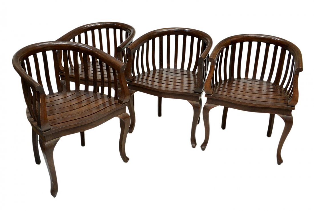 (4) TEAK WOOD BARREL BACK CHAIRS: (lot of 4) Teak wood barrel back chairs in a dark brown finish, 32.5"h, 24.5"w, 17"d Start Price: $200.00