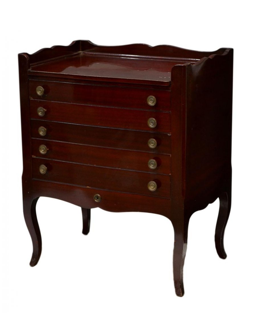 ITALIAN MAHOGANY SILVER CHEST: Italian Louis XV style mahogany gloss finish silver chest, 20th c., a shaped rail at back and sides, five drawers fitted for flatware, set on cabriole legs, 32"h, 25.75"w, 18"d Start Price: $100.00